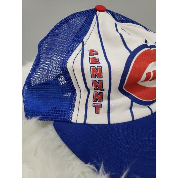 VINTAGE 90s Rare Chicago Cubs Pennant Fever Blue/White Striped Mesh Snapback Hat - Picture 2 of 7